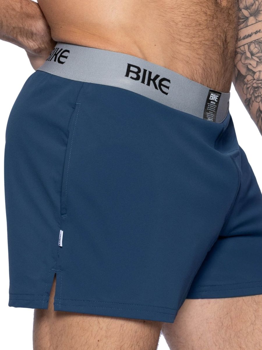 Dark blue bike athletic BAM216 performance jock shorts with gray waistband and black bike lettering