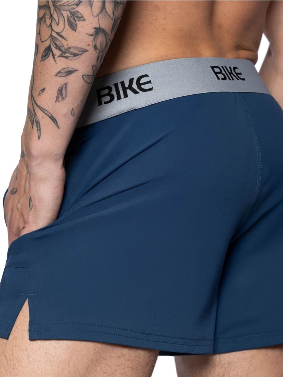 Navy blue bike athletic BAM216 performance jock shorts with gray waistband featuring black bike lettering
