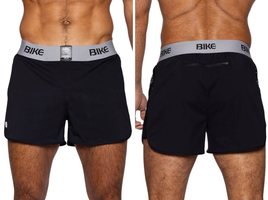 Black bike athletic bam225 peek-a-boo jock shorts with gray waistband and bike logo in black lettering