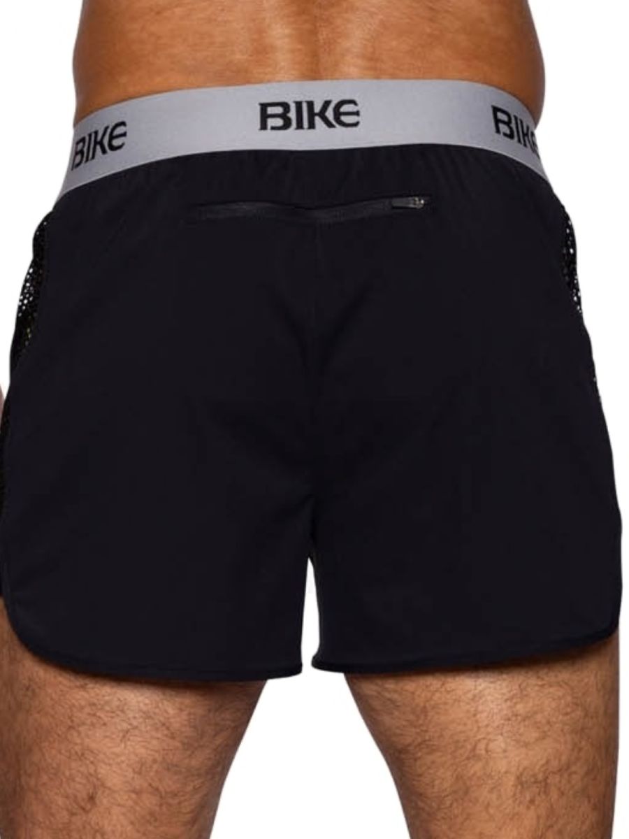Black bike athletic bam225 peek-a-boo jock shorts with gray waistband bike logo and mesh side panels