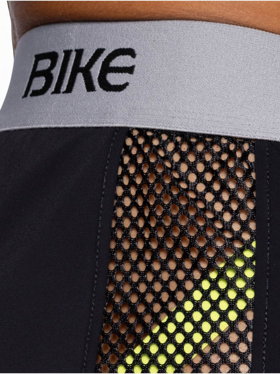 Black bike athletic bam225 peek-a-boo jock shorts with gray waistband and neon yellow mesh panel accents
