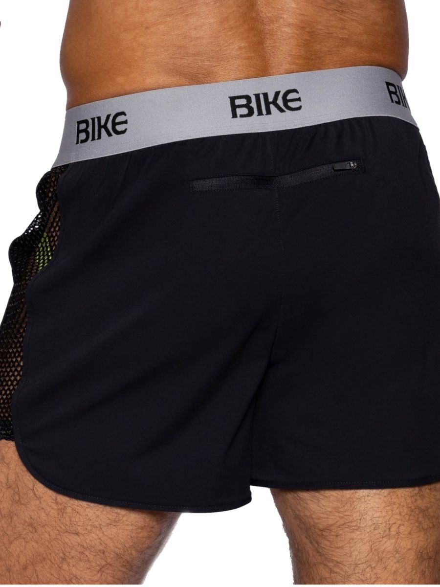 Black bike athletic BAM225 peek-a-boo jock shorts with gray elastic waistband and breathable mesh side panels