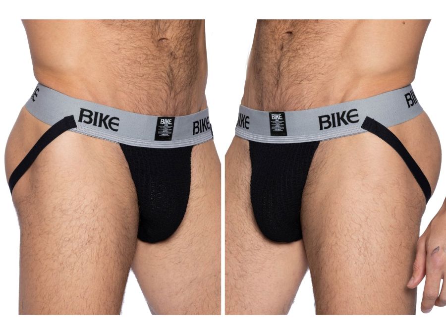 Black bike briefs with gray waistband featuring bike logo in black text from bike athletic bas303 classic jockstrap