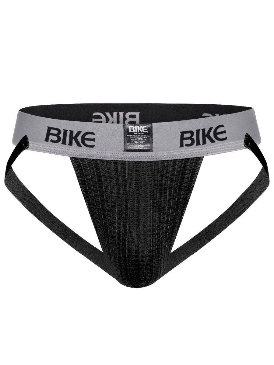 Black bike brand athletic briefs with gray waistband and bike logo in black featuring a classic jockstrap design