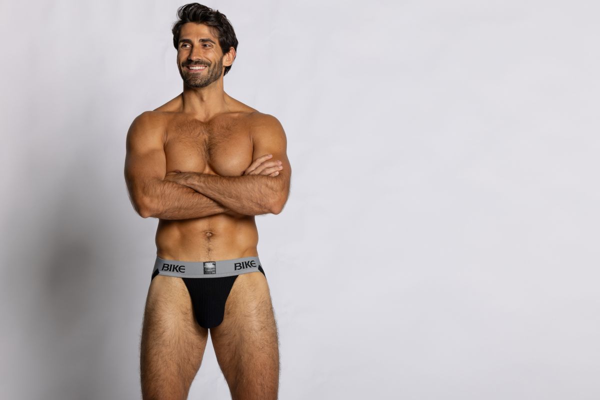 Black bike athletic BAS303 classic jockstrap briefs with a gray waistband featuring black bike logo lettering
