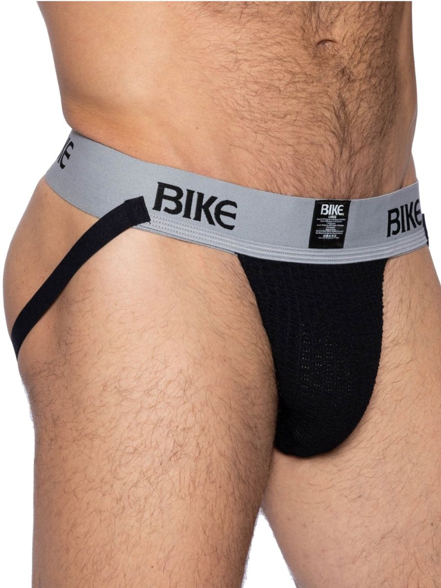 Black bike briefs with gray waistband featuring bold bike lettering from BIKE athletic BAS303 classic jockstrap collection