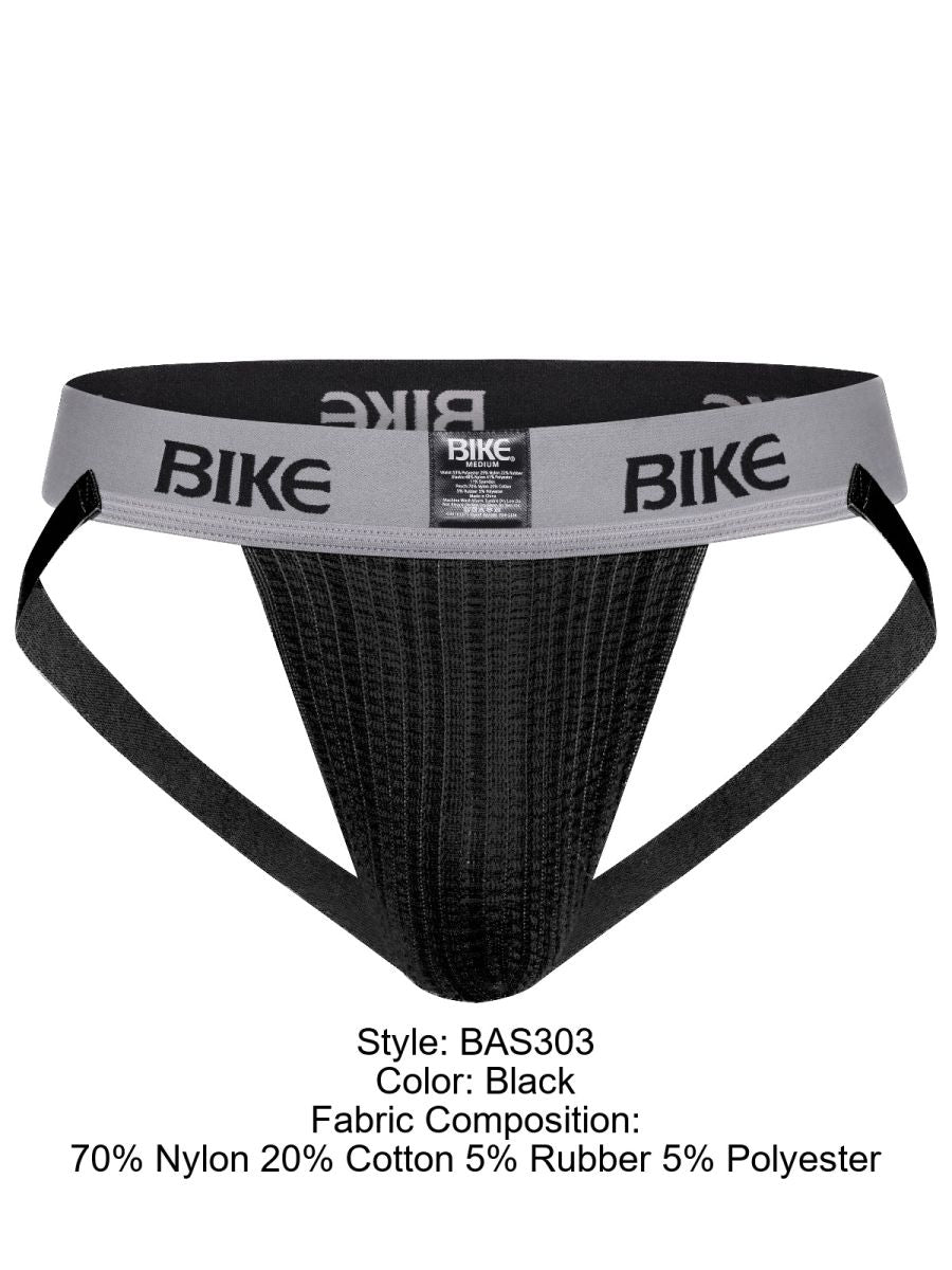 Black bike branded athletic briefs with ribbed texture and gray waistband in BIKE athletic BAS303 classic jockstrap