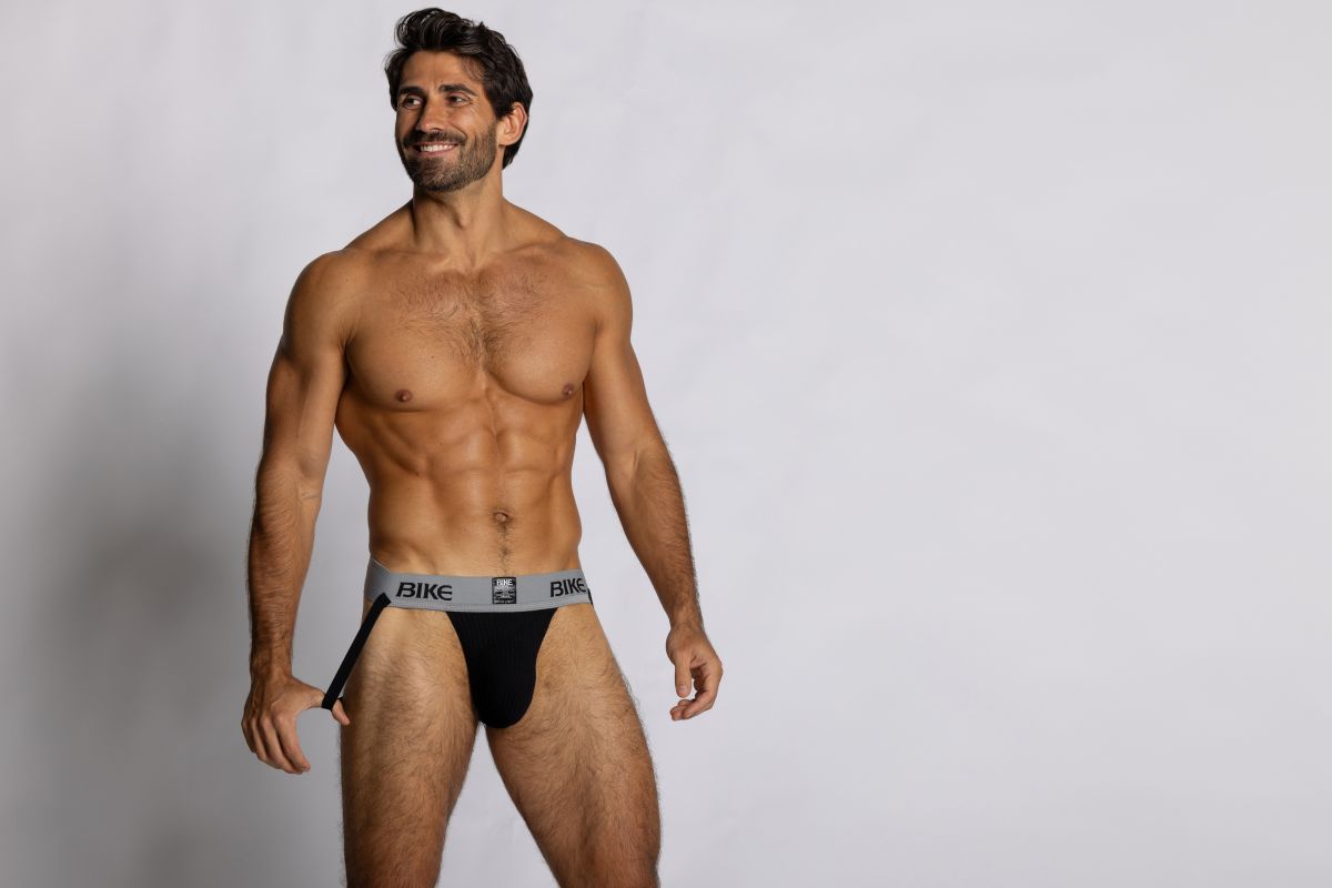 Black bike athletic briefs with gray waistband featuring bike logo designed for support and comfort
