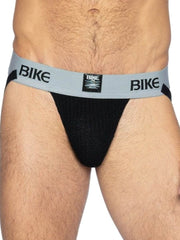 Black bike brand athletic jockstrap with light gray waistband and bold black bike lettering for support and comfort