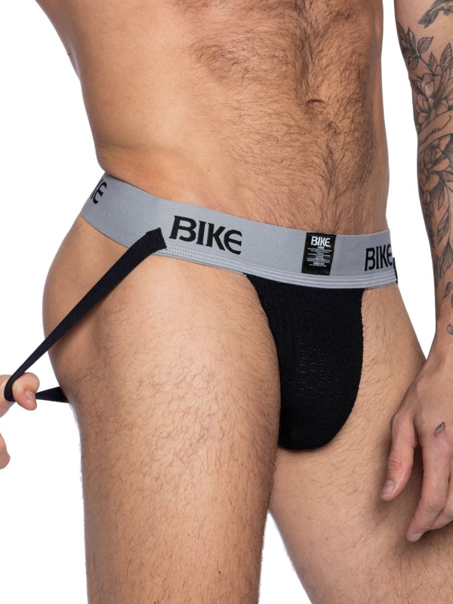 Black mesh bike brief with gray waistband featuring bike logo in bold black letters for athletic use