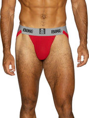 BIKE red athletic jockstrap for men with a grey waistband.