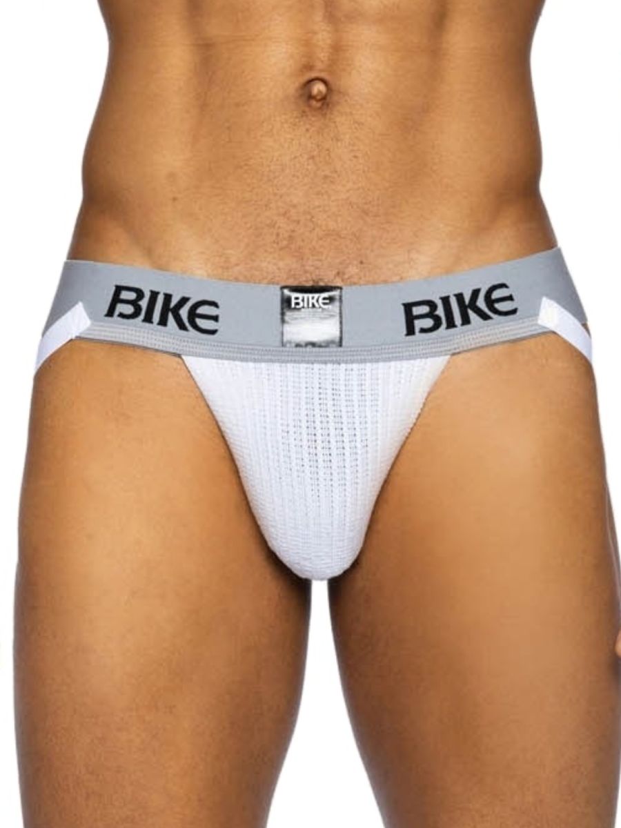 White mesh bike brief with gray waistband and black bike lettering from BIKE athletic BAS304 classic jockstrap line