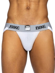 White mesh bike brief with gray waistband and black bike lettering from BIKE athletic BAS304 classic jockstrap line