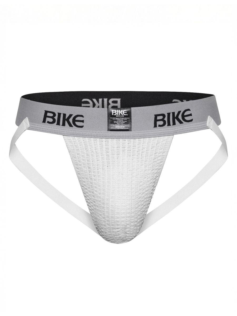 White textured bike athletic brief with gray waistband featuring black bike branding from BIKE Athletic BAS304 Classic Jockstrap