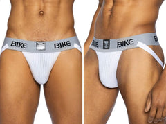 White bike athletic bas304 classic jockstrap with gray waistband and black lettering for sports support