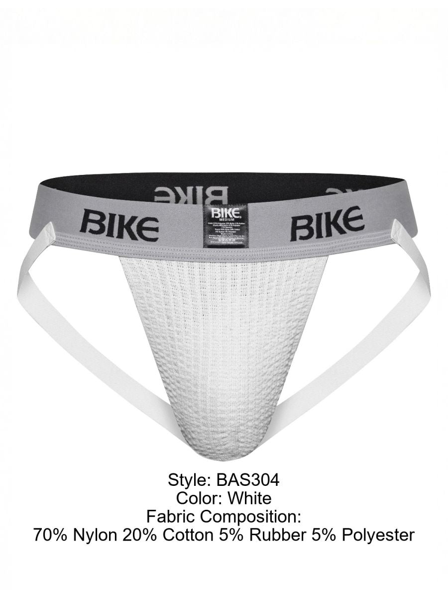 White bike athletic BAS304 classic jockstrap briefs with gray waistband logo made from nylon and cotton blend