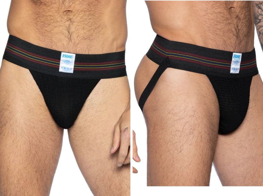 Black bike brand jockstrap with striped red white and yellow waistband from the bike athletic bas306 original number 10 line