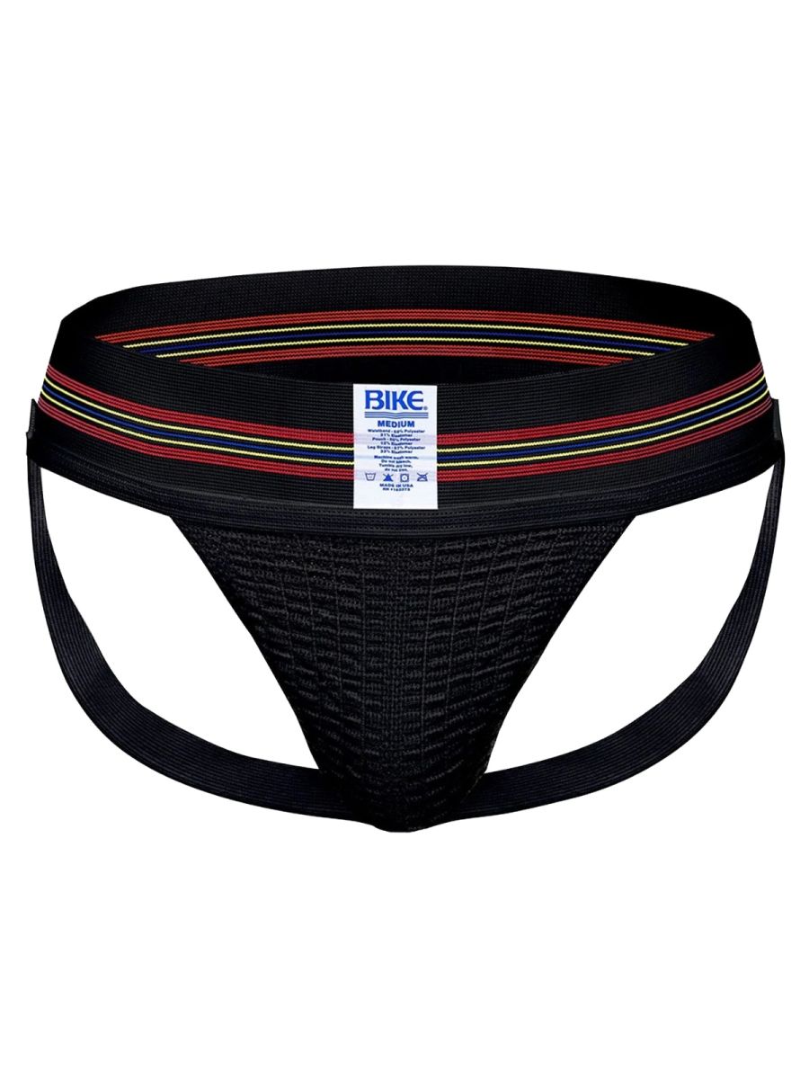 Black athletic briefs with textured mesh front and striped red white and yellow elastic waistband by BIKE