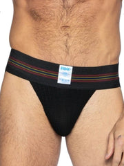 Black bike athletic bas306 original number 10 jockstrap with striped maroon yellow and green waistband front view