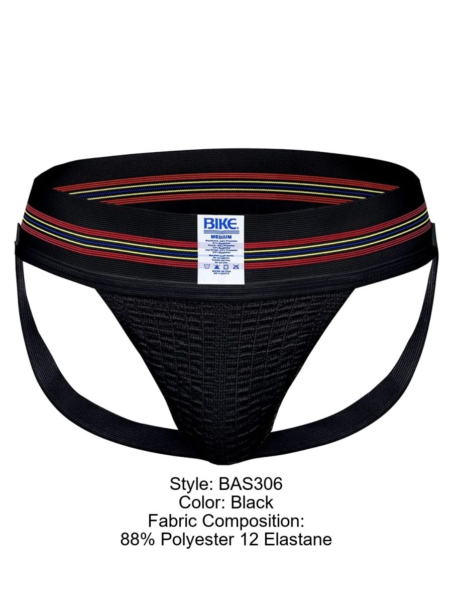 Black bike athletic bas306 original number 10 jockstrap with textured mesh front and striped elastic waistband