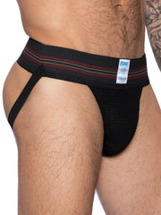 Black bike athletic briefs with striped maroon and yellow waistband labeled bike in the front for sports use