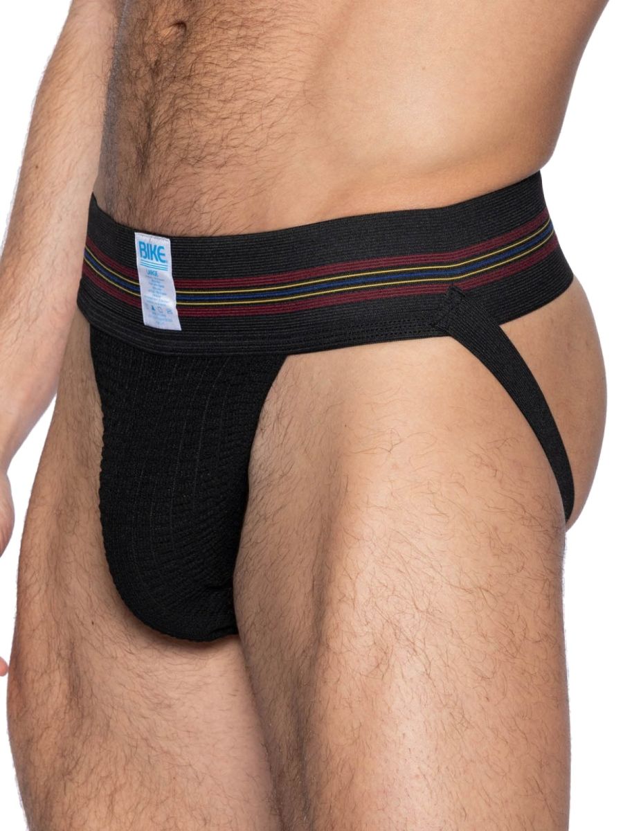 Black BIKE athletic BAS306 Original Number 10 jockstrap with striped maroon yellow and white waistband front view