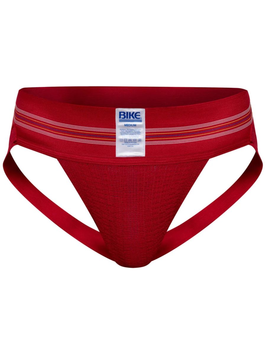 Red bike brand athletic briefs with white and orange striped waistband in vibrant red for sports use