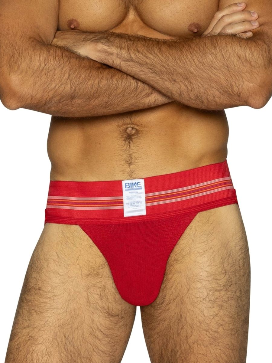 Red bikc brand bike athletic bas306 original number 10 jockstrap with white striped waistband in vibrant red