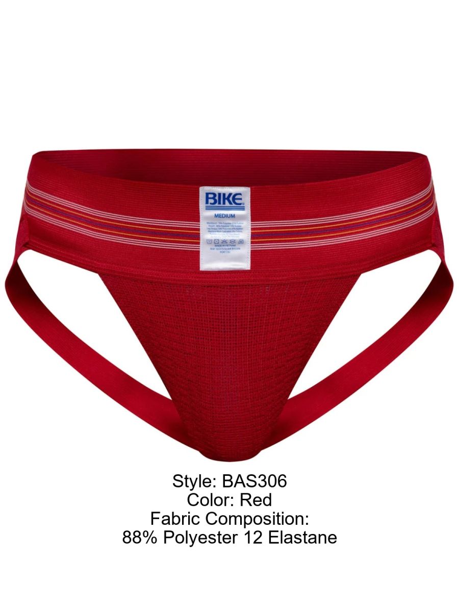 Red bike athletic briefs with white and orange striped trim and bike brand label on waistband for sports use