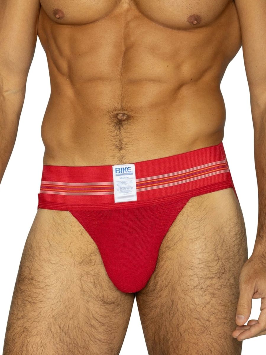 Red bike brand bas306 original number 10 jockstrap with textured fabric and thin white stripes along the waistband