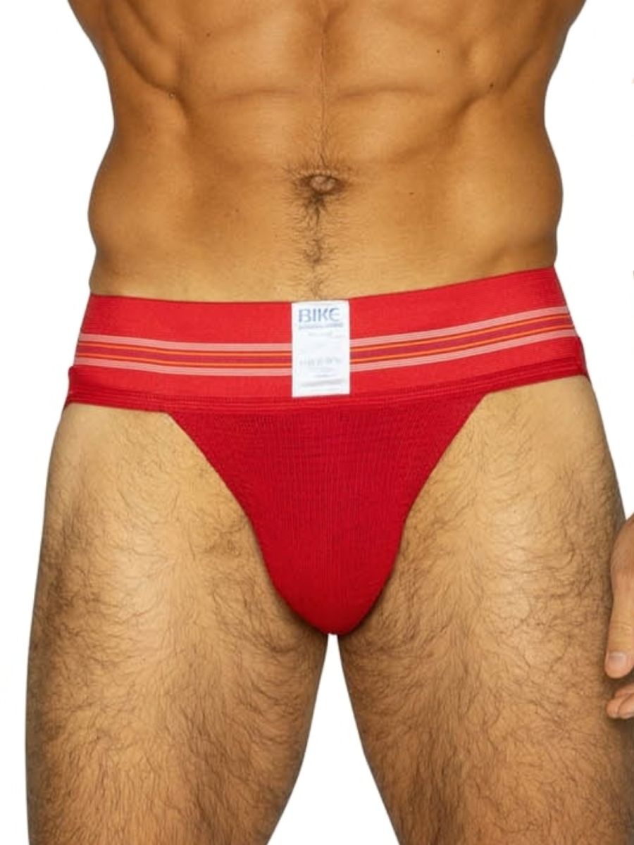 Red bike athletic briefs with striped waistband and white brand label for sporty comfort and support