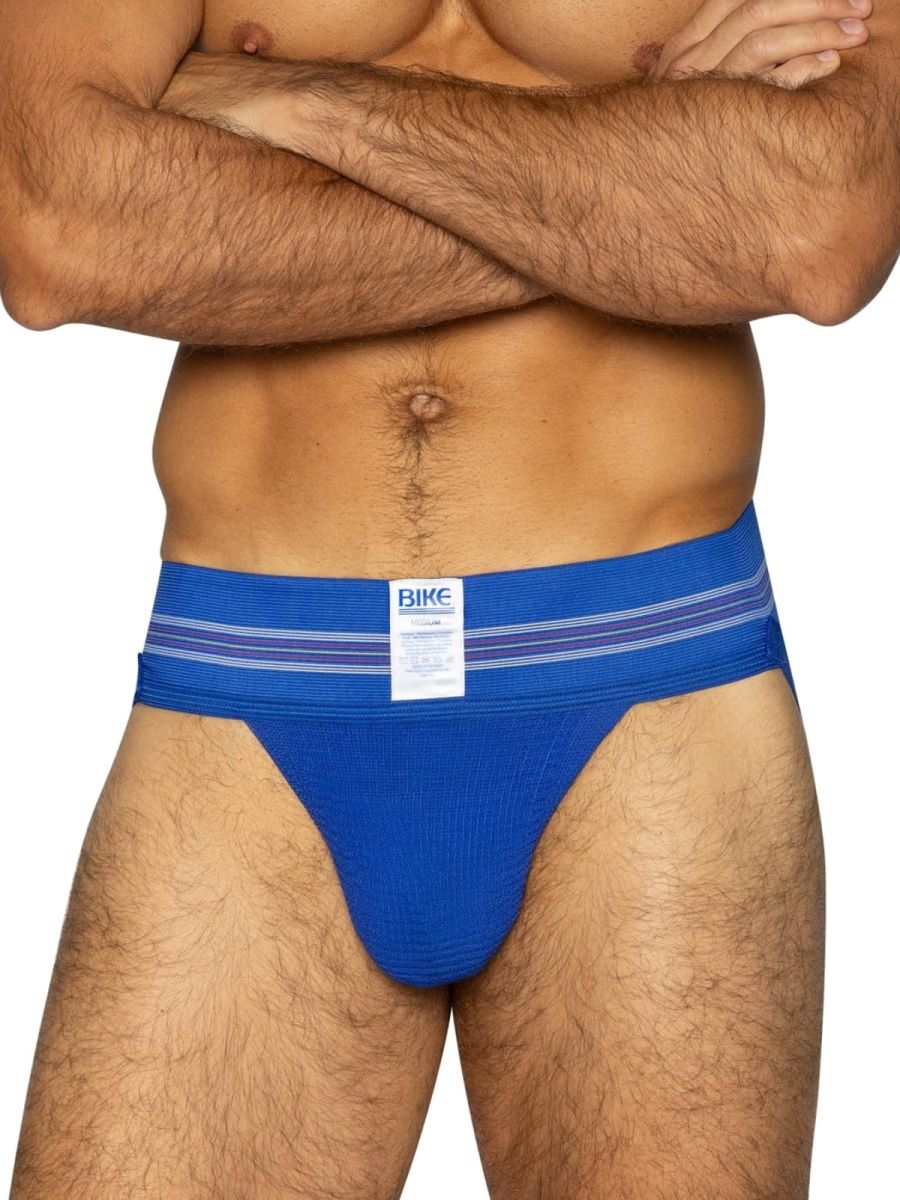 Blue bike brand jockstrap with royal color and striped waistband for athletic support and comfort