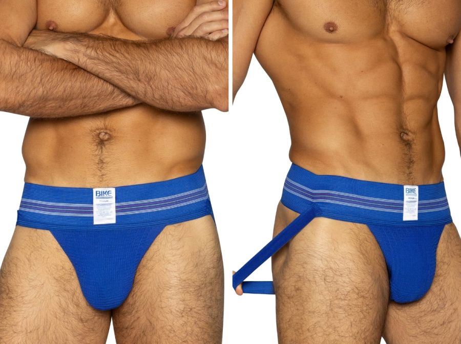 Blue bike brand royal jockstrap with striped waistband and adjustable side strap for athletic support