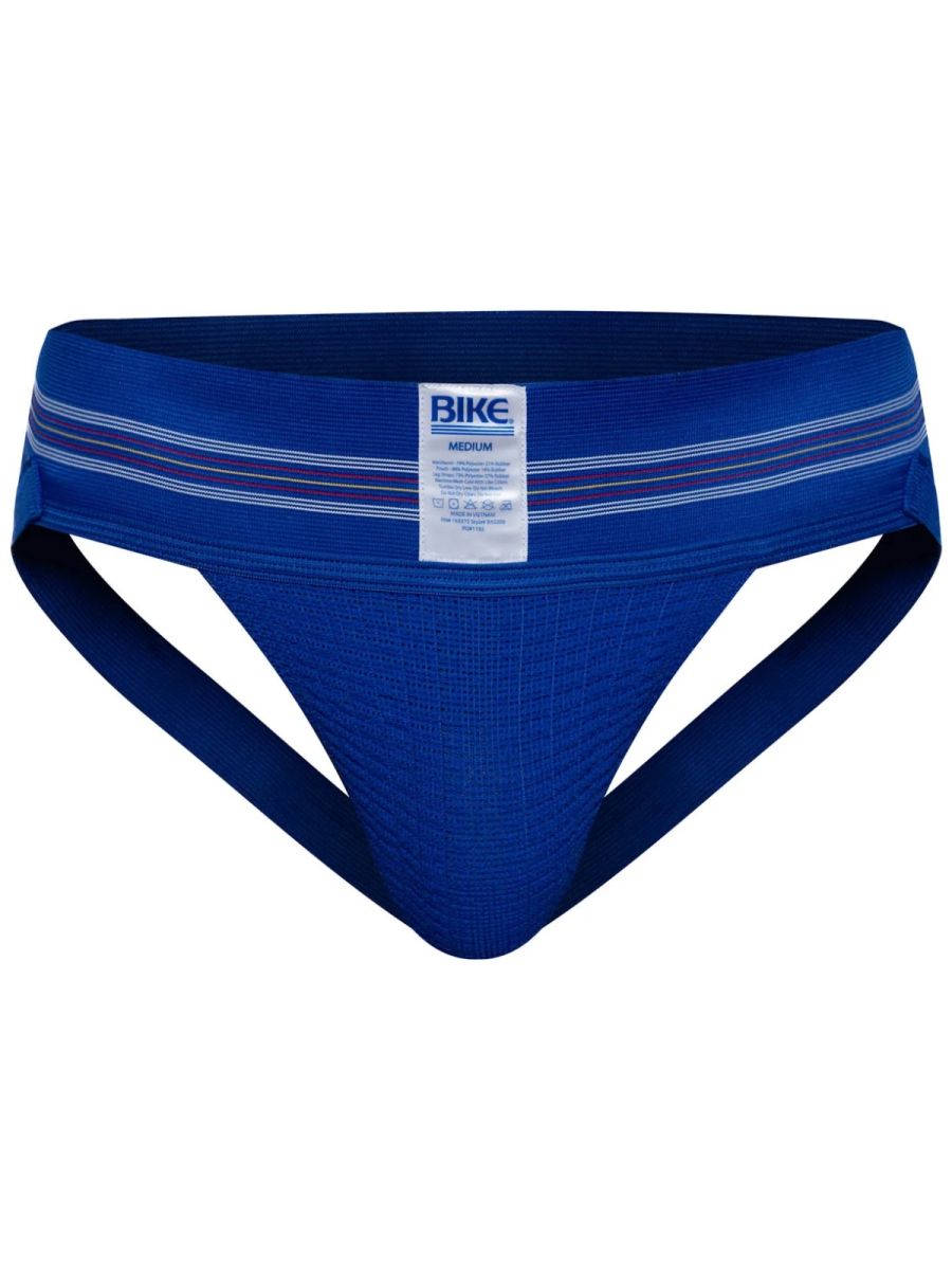 Blue ribbed athletic briefs with two white waistband stripes and Bike brand label in royal color model BAS306 number 10
