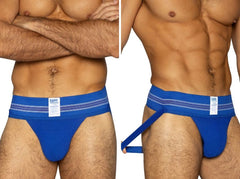 Blue bike brand royal jockstrap with striped waistband and adjustable side strap for athletic support