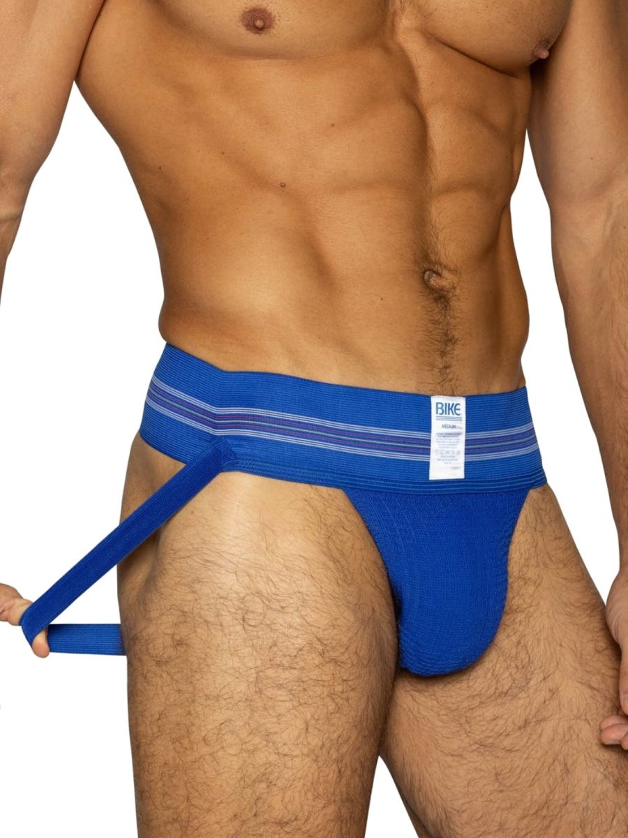 Blue athletic briefs with striped waistband and adjustable side strap for support in royal color bike athletic bas306 jockstrap