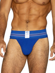 Blue bike brand athletic briefs in royal color with ribbed texture and two thin white waistband stripes