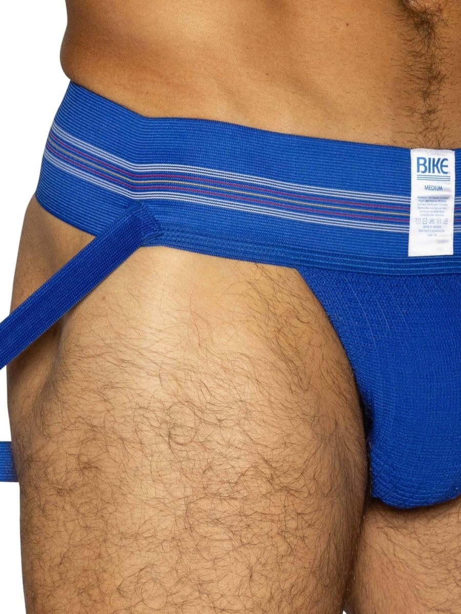 Blue BIKE athletic BAS306 jockstrap with striped waistband and white label in royal color for sports use