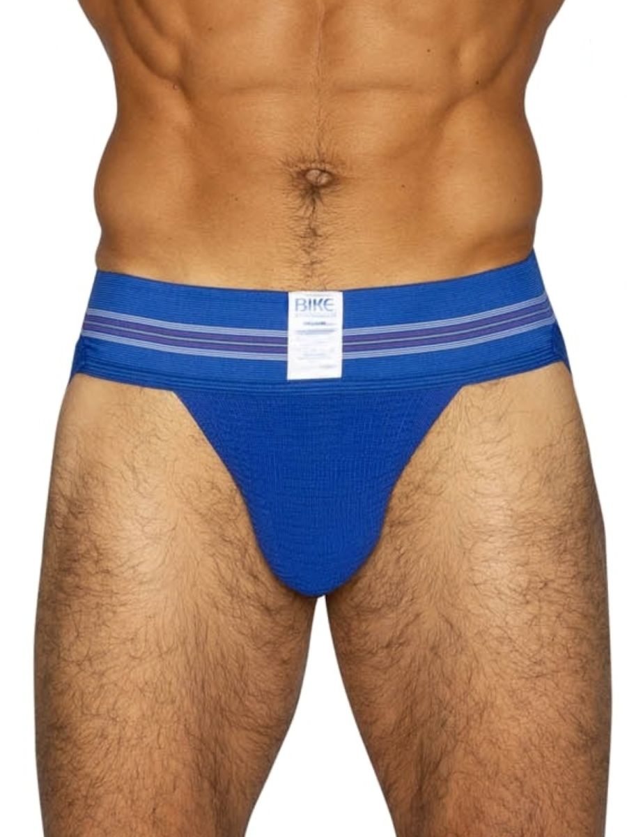 Blue bhc bike athletic bas306 original number 10 jockstrap with textured fabric and purple striped waistband in royal color