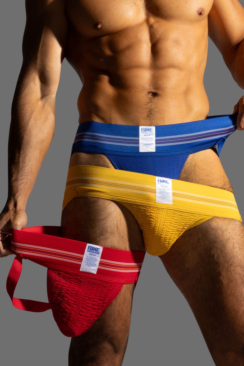 Bike athletic bas306 original number 10 jockstrap in royal blue yellow and red with striped waistband and textured fabric