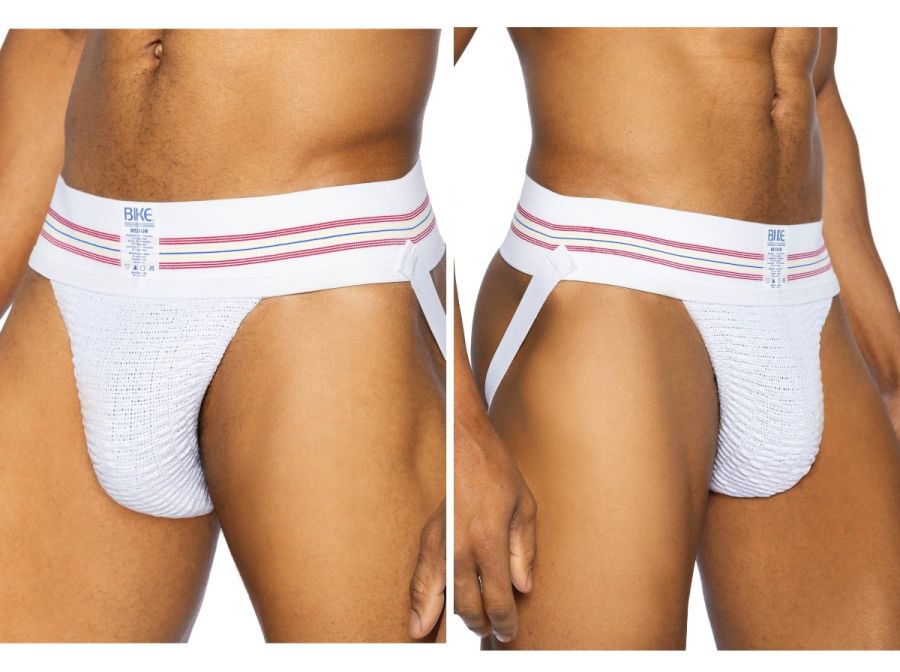 White bke athletic briefs with textured fabric and pink striped waistband from bike original number 10 jockstrap
