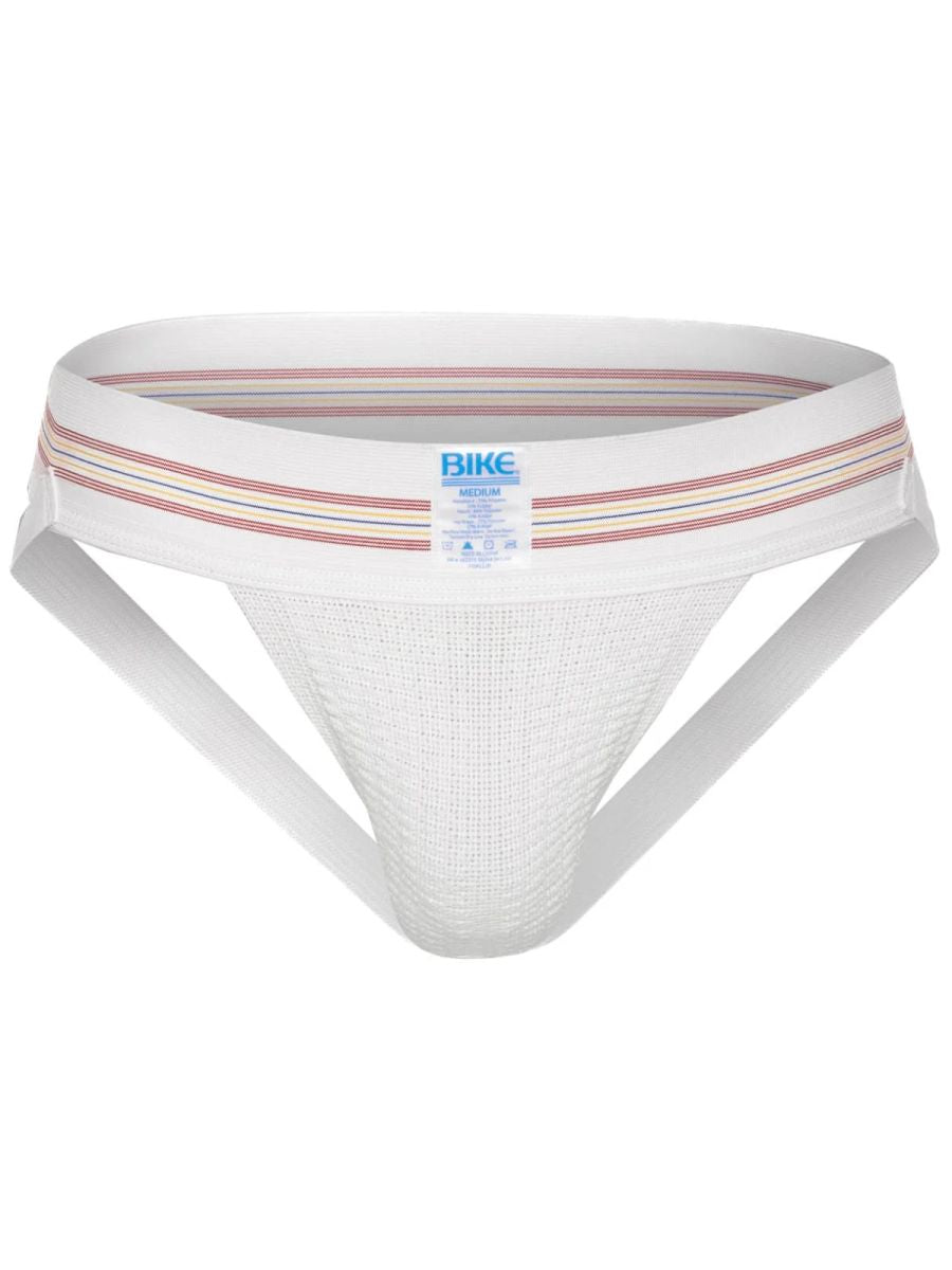 White mesh bike athletic supporter jockstrap with striped red blue beige waistband original number 10 design