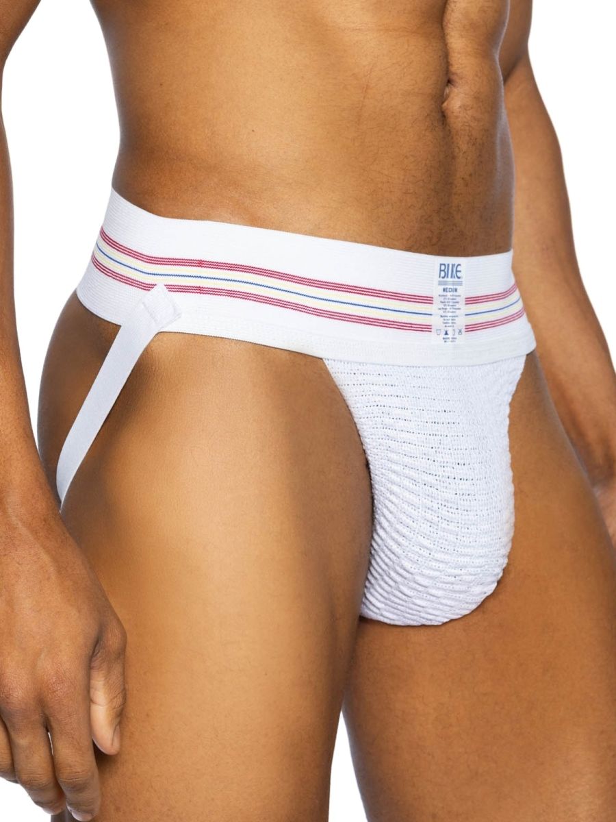 White bike athletic bas306 original number 10 jockstrap briefs with red and blue striped waistband and textured fabric