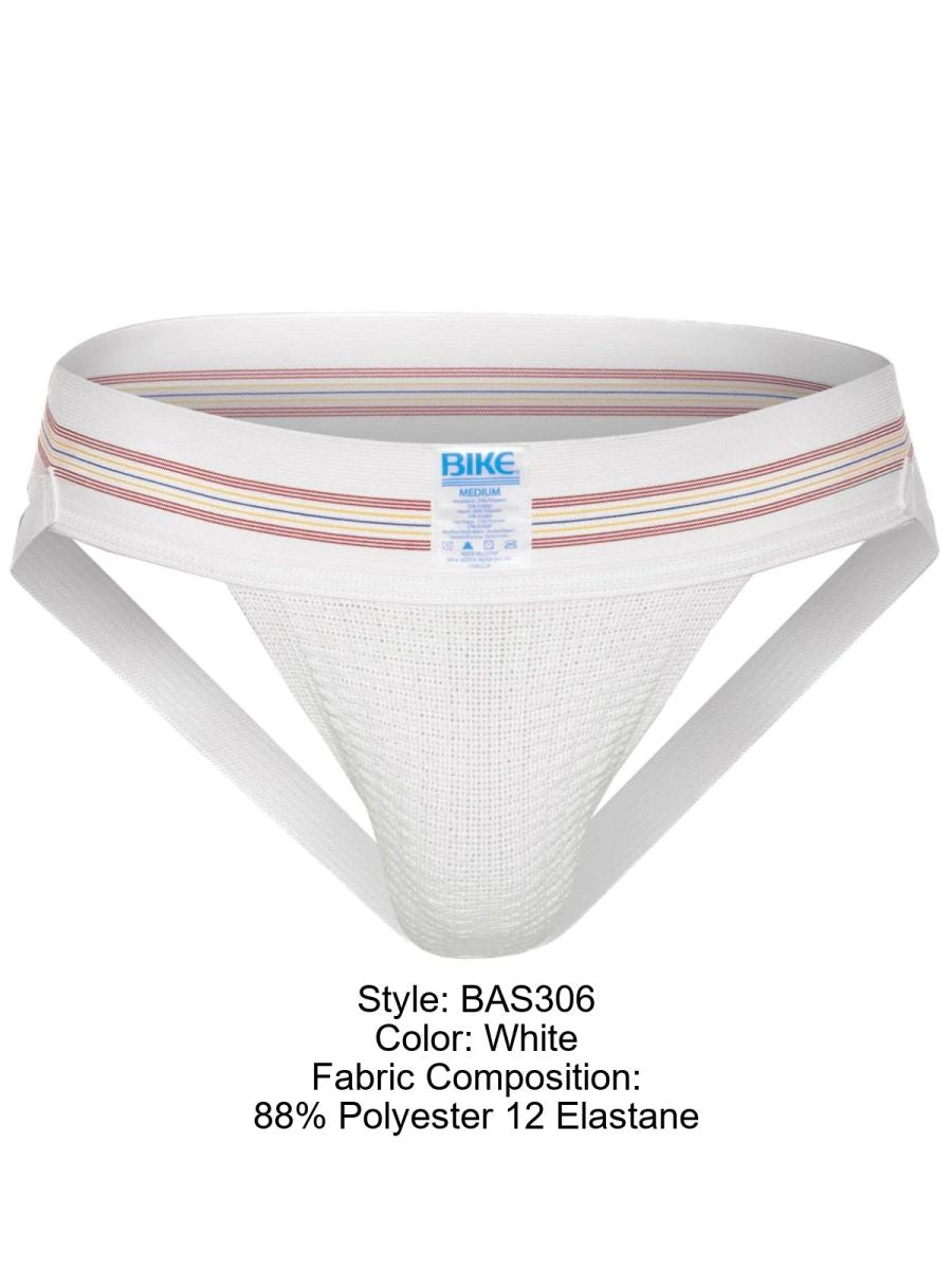White bike athletic bas306 original number 10 jockstrap with striped waistband made of polyester and elastane