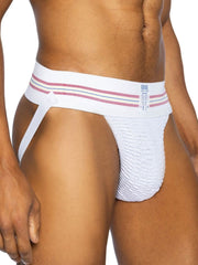 White bike athletic bas306 original number 10 jockstrap briefs with red and blue striped waistband and textured fabric
