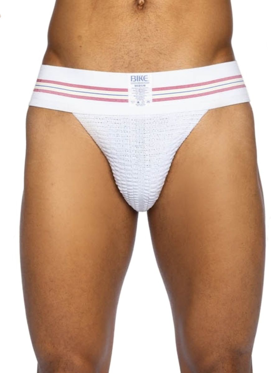 White bike athletic BAS306 original number 10 jockstrap with textured knitted fabric and pink striped waistband logo