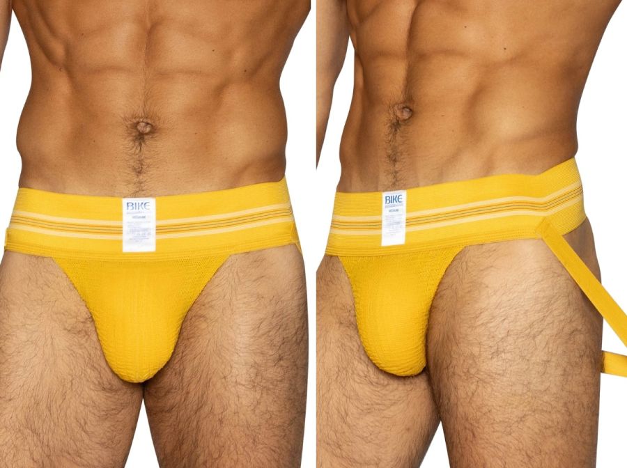 Bright yellow BIKE Athletic BAS306 original number 10 jockstrap with white stripes and branded tag in front view
