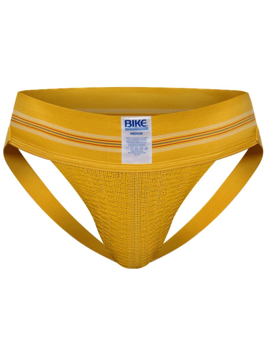 Yellow mesh athletic briefs with a ribbed waistband featuring thin orange and white stripes bike athletic bas306 original number 10