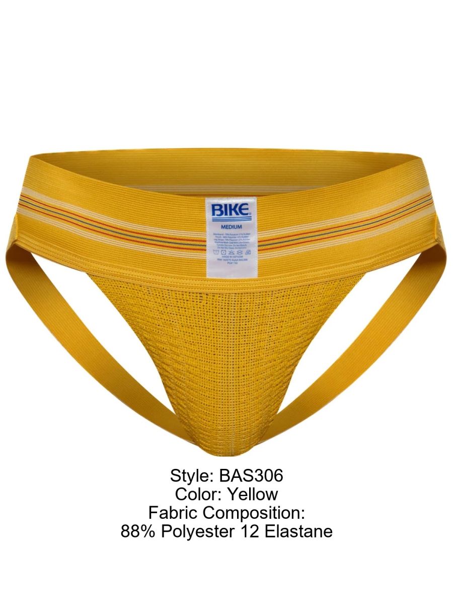 Yellow bike athletic BAS306 original number 10 jockstrap with textured mesh fabric and striped waistband