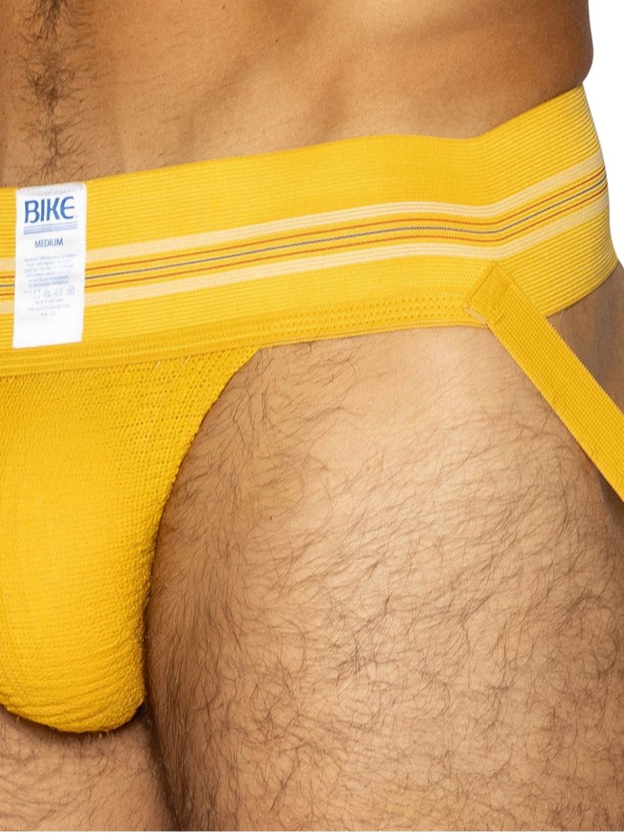 Bright yellow BIKE athletic BAS306 Original Number 10 jockstrap with textured fabric and white striped waistband